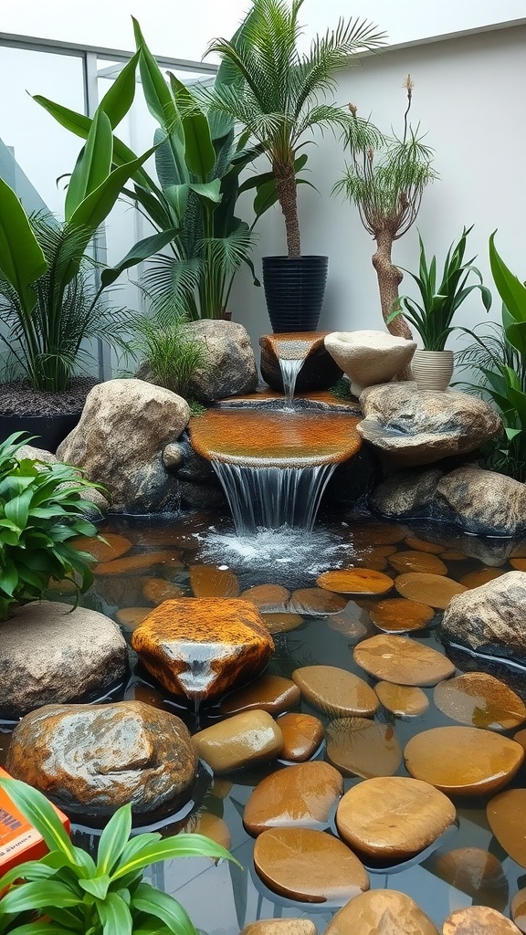 A serene indoor water feature with flowing water, surrounded by large plants and rocks.