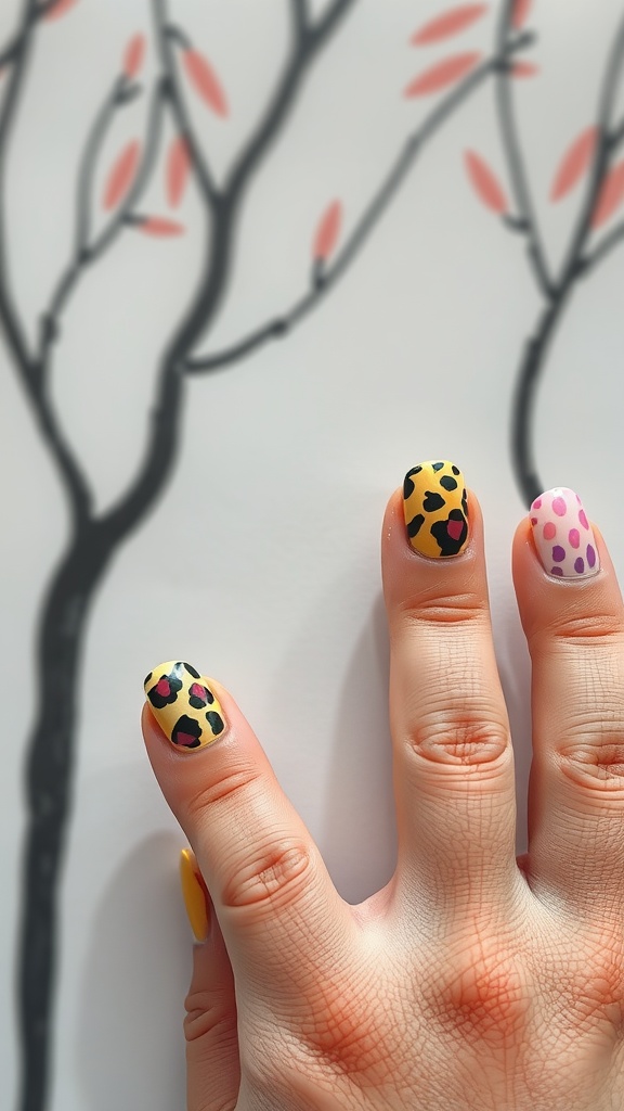 Watercolor leopard nail design featuring various colors and patterns on fingernails.