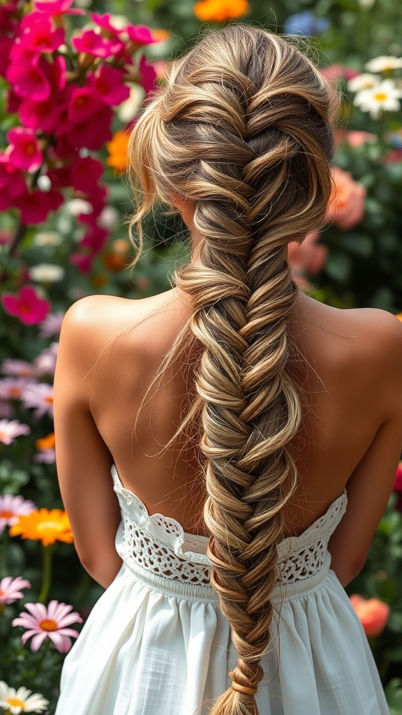 A person with a waterfall braid hairstyle standing in a flower garden