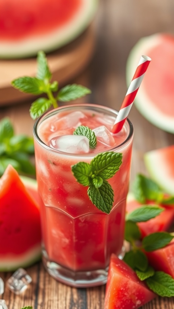 A refreshing watermelon and mint smoothie with a straw.