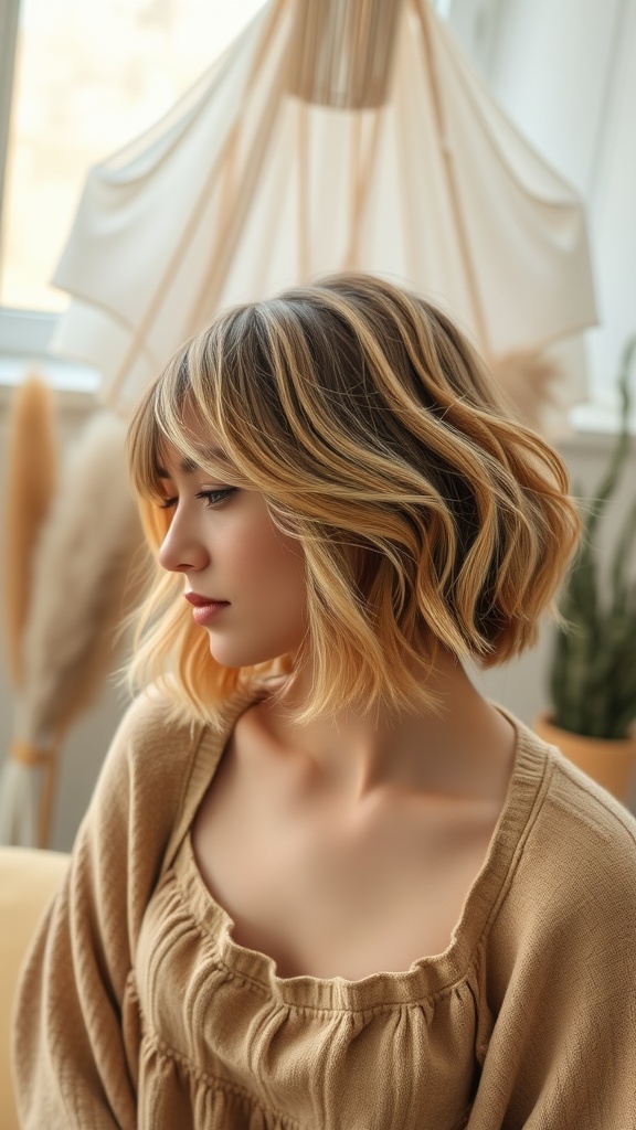 A woman with a wavy choppy bob hairstyle, looking stylish and relaxed.