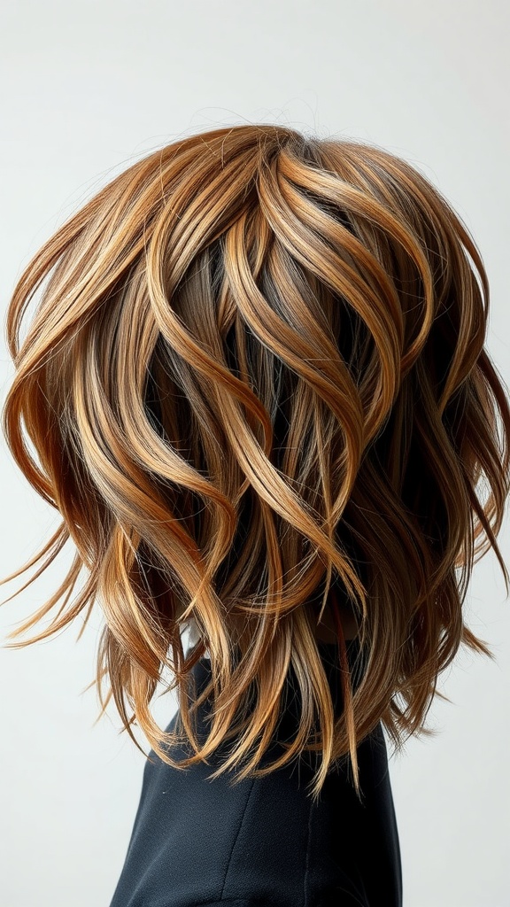 Image of a wavy shag cut hairstyle with warm tones.