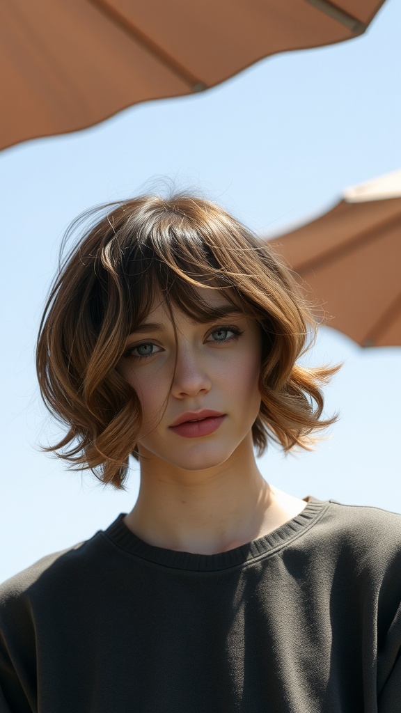 A model showcasing wavy short hair with choppy bangs, under a sunny sky.