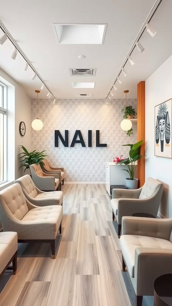A modern nail salon reception area with comfortable seating and plants.