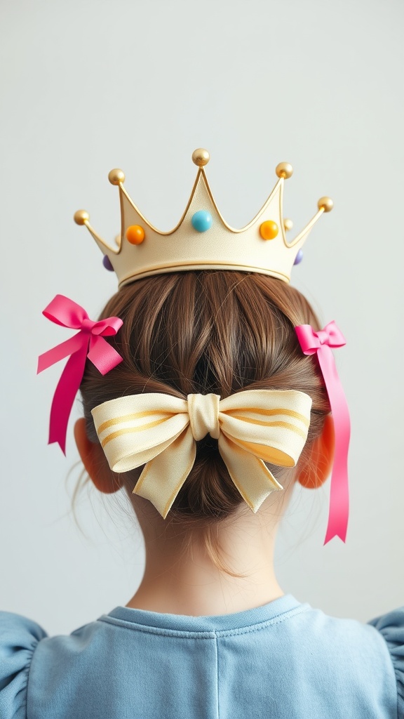 A child with a bow hairstyle and a crown, showcasing colorful bows and a playful look.