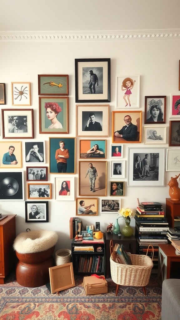 An eclectic gallery wall featuring various framed artworks, photographs, and decorative elements.