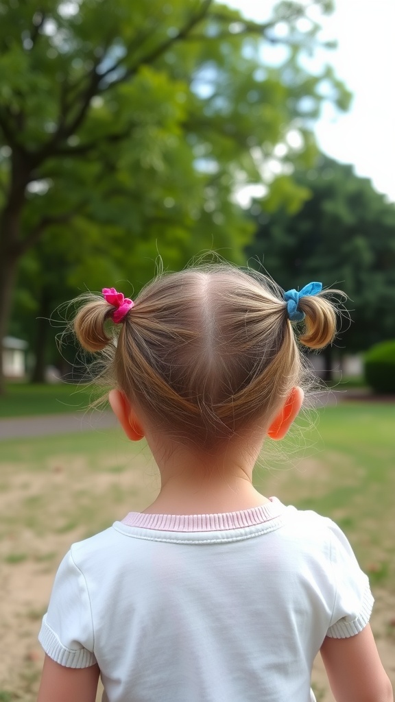 A child with long hair styled in whimsical pigtails, with colorful ribbons.