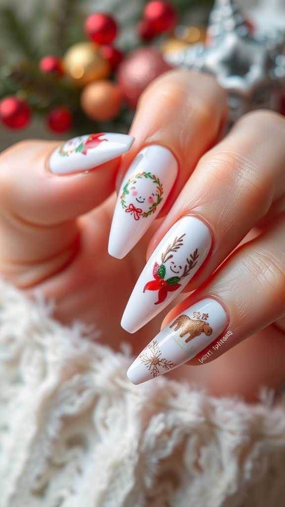 A close-up of white chrome nails featuring festive holiday designs, including snowmen, wreaths, and reindeer, with a cozy background.