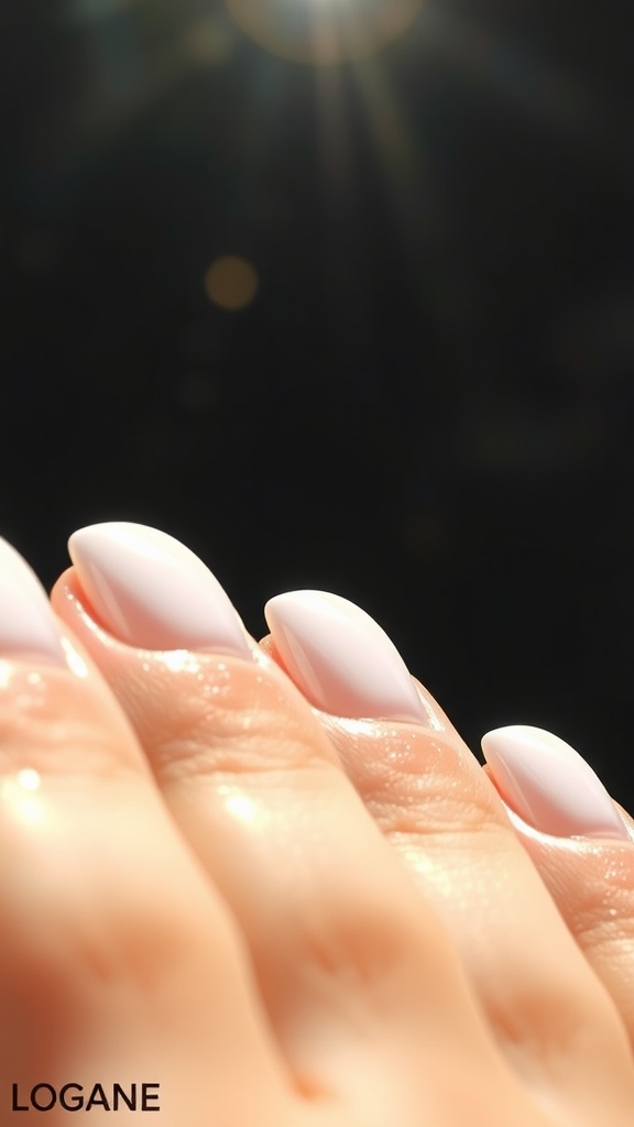 close-up of hands with white chrome nails under natural light