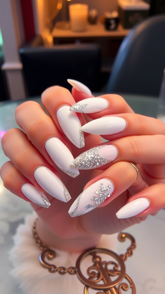 Close-up of hands with white chrome nails featuring glitter accents.
