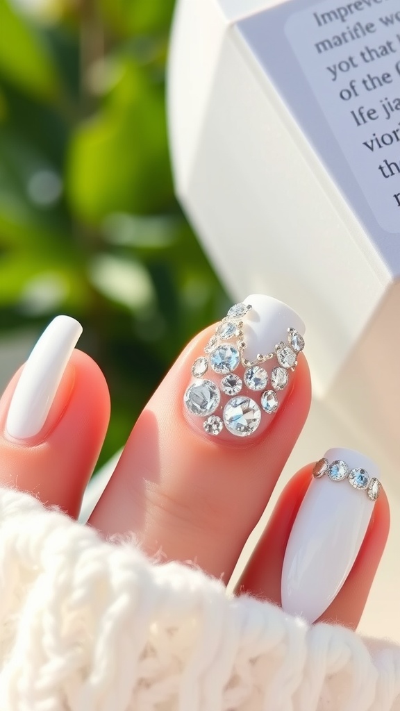 Close-up of white chrome nails adorned with rhinestones