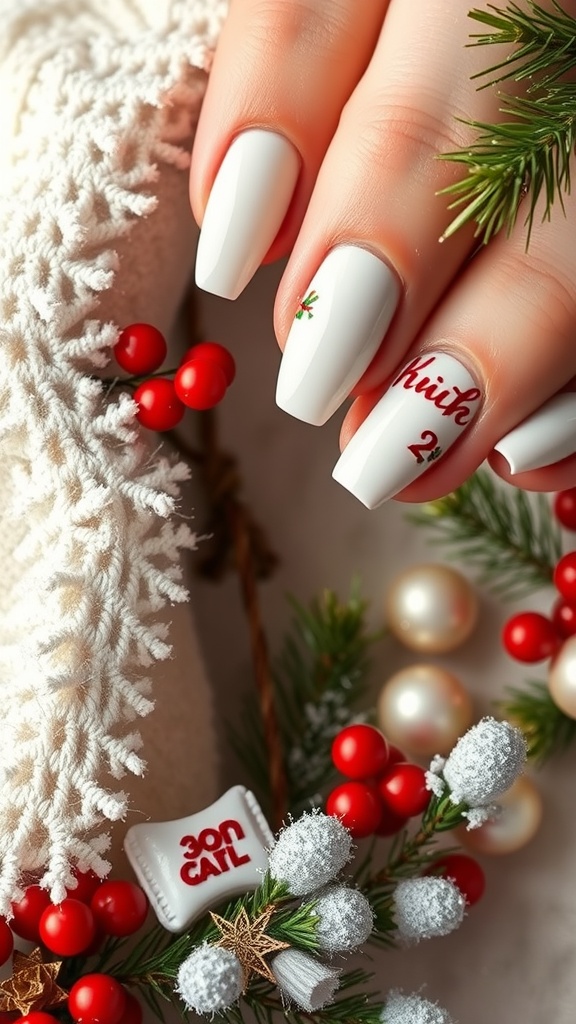 Close-up of white chrome nails decorated with festive designs, surrounded by holiday decorations.