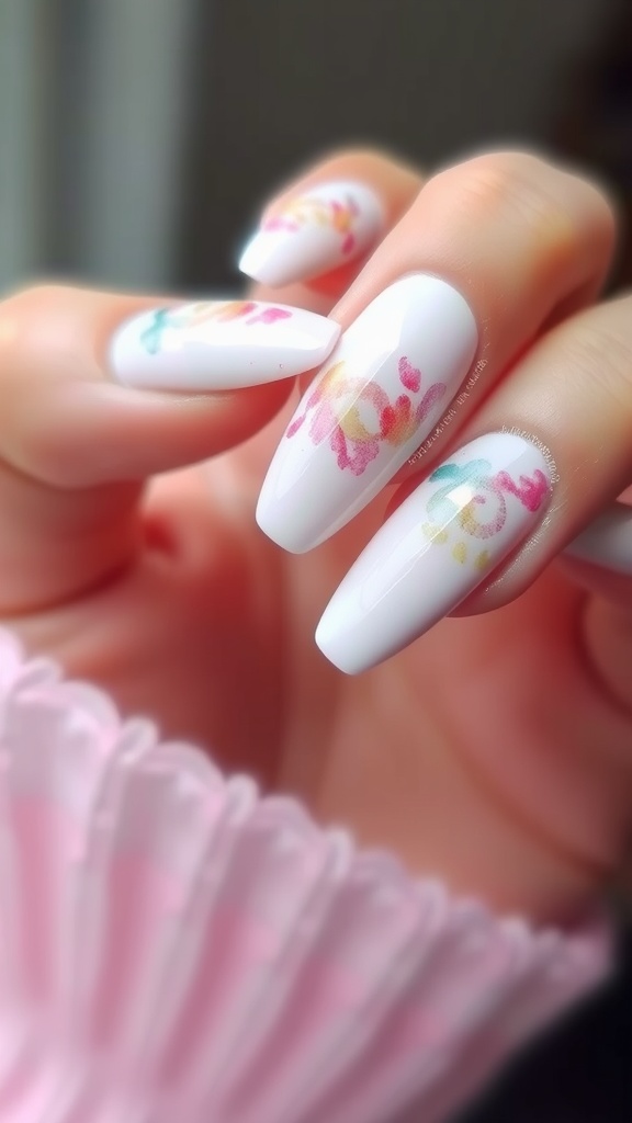 White chrome nails with watercolor designs in soft colors.