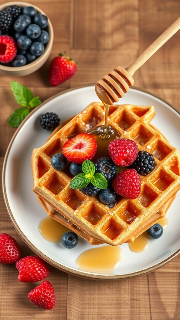 Delicious whole wheat waffles topped with fresh fruits and honey.