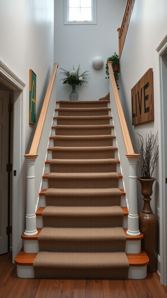 Interior staircase with wide carpeted steps and wooden railings.