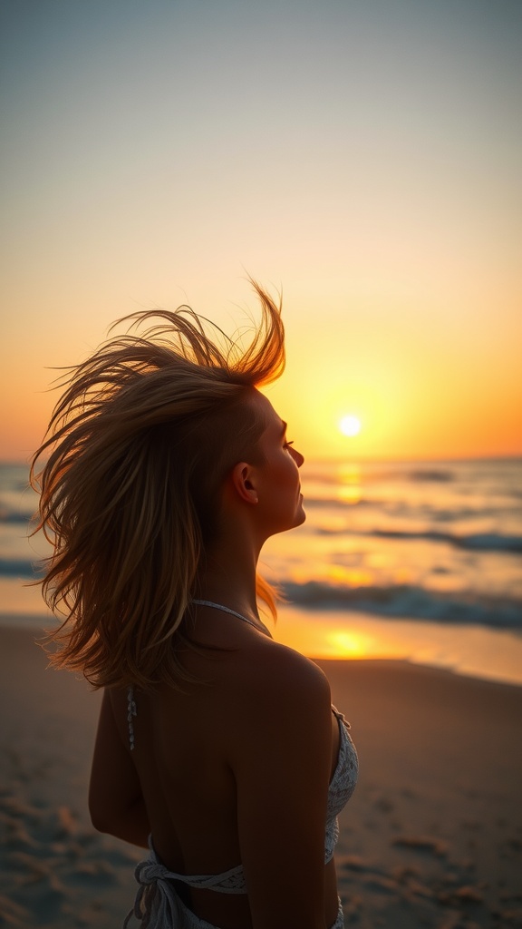 A woman with a mullet hairstyle at sunset on the beach.