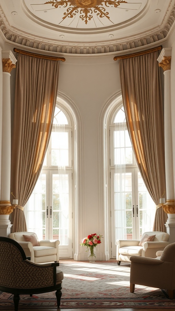 Neoclassical interior with elegant window treatments and plush furnishings.