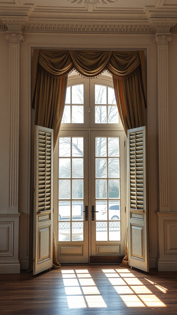 Elegant colonial style window with shutters and drapery