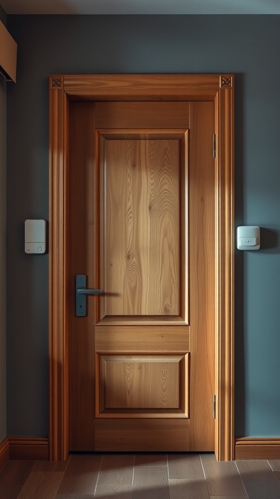 A wooden interior door with a sleek design and modern handle.