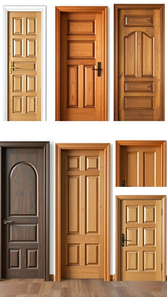 Various styles of wooden interior doors displayed in a grid layout.
