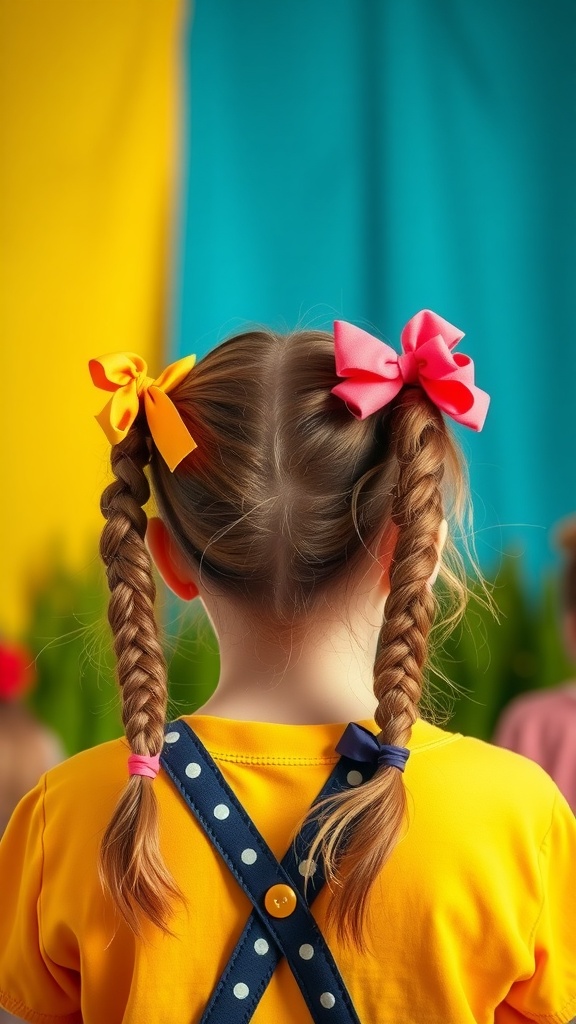 A girl with braided pigtails, each adorned with colorful bows, showcasing a youthful and playful hairstyle.