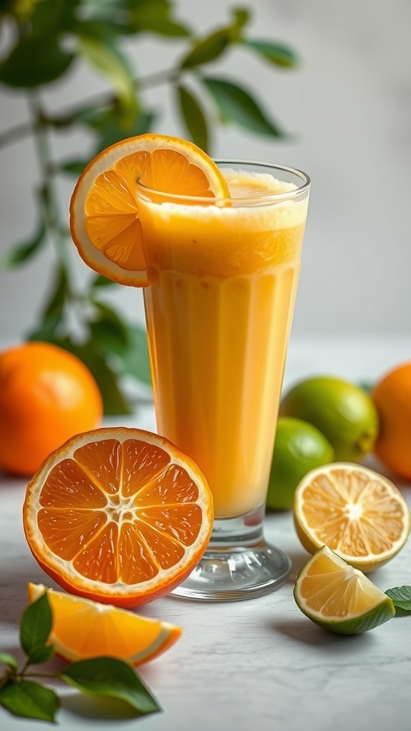 A refreshing zesty citrus smoothie made with oranges and limes, garnished with a slice of orange.