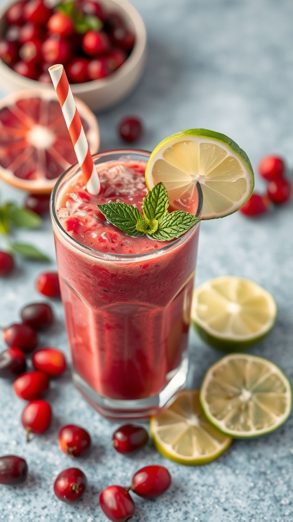 A vibrant and refreshing cranberry citrus smoothie served in a glass with orange and lime garnishes.