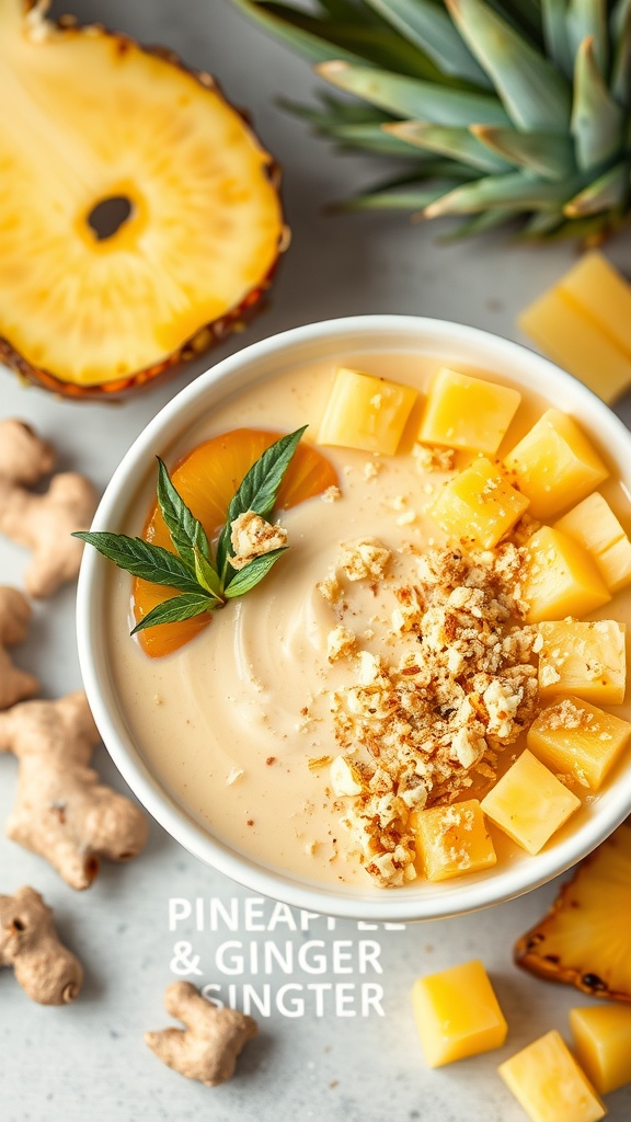 A vibrant smoothie bowl featuring pineapple and ginger, topped with fresh fruit and nuts.