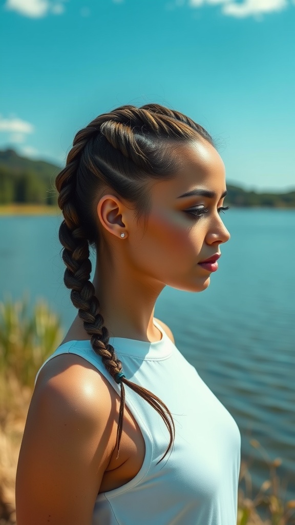 A woman with a zipper braid hairstyle standing by a lake.