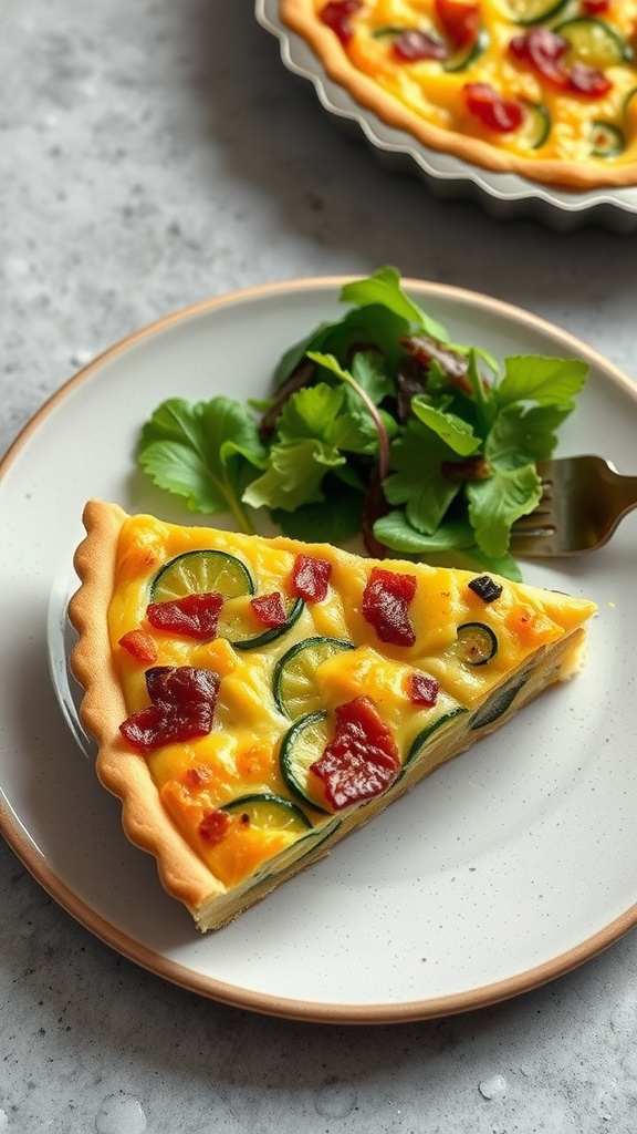A slice of zucchini and bacon quiche served with a fresh salad on a plate.