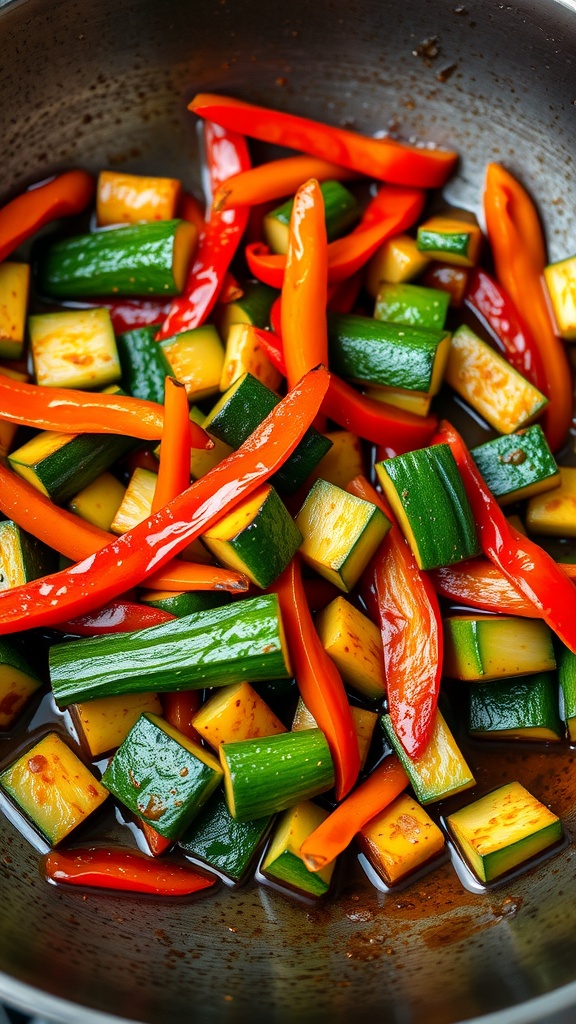 A colorful zucchini and bell pepper stir-fry in a skillet.