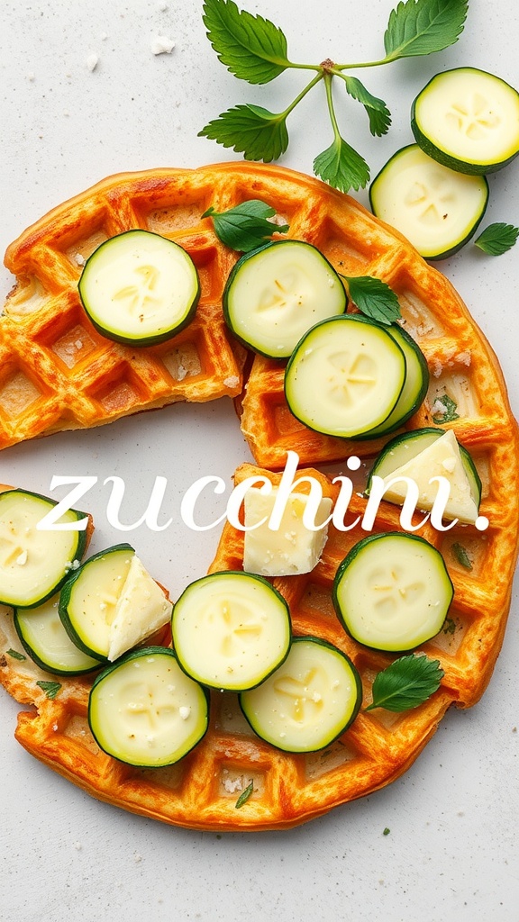A delicious zucchini and cheese chaffle with slices of zucchini on top.