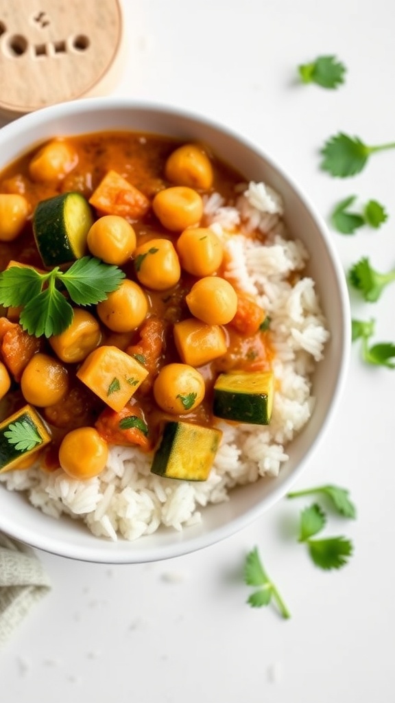 A bowl of zucchini and chickpea curry served over rice, garnished with cilantro.