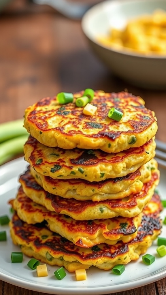 Delicious zucchini and corn fritters stacked on a plate, garnished with green onions.