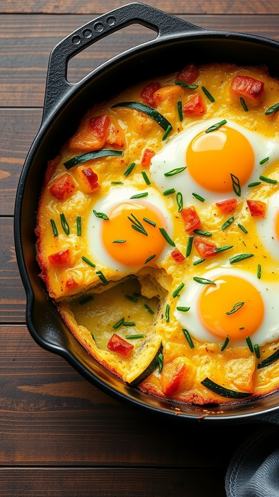 Zucchini and egg breakfast bake with a golden crust and sliced zucchini.