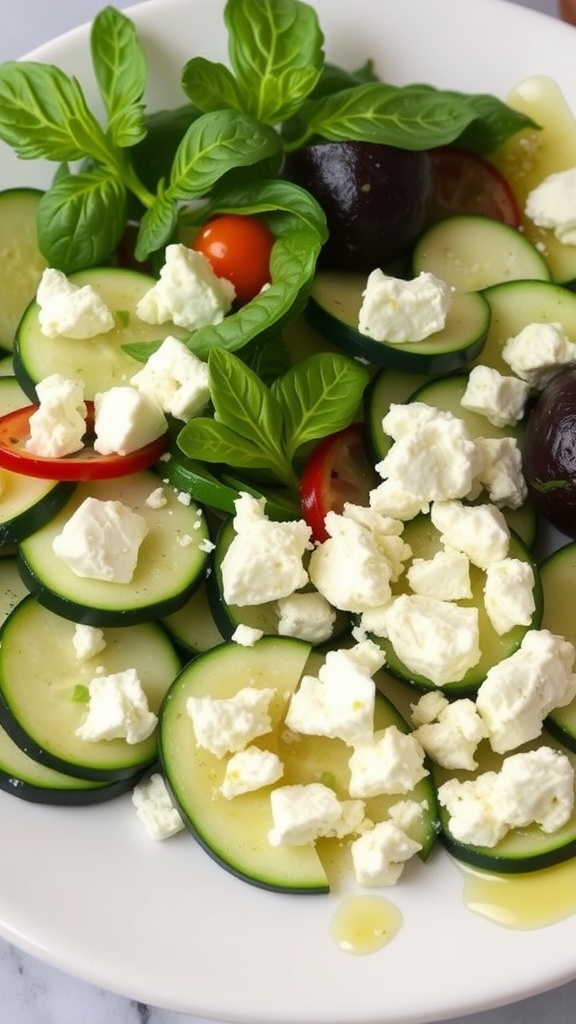 A fresh salad featuring sliced zucchini, cherry tomatoes, feta cheese, and basil leaves.
