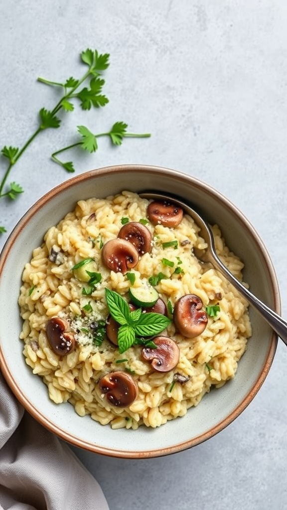 A bowl of creamy zucchini and mushroom risotto garnished with parsley.