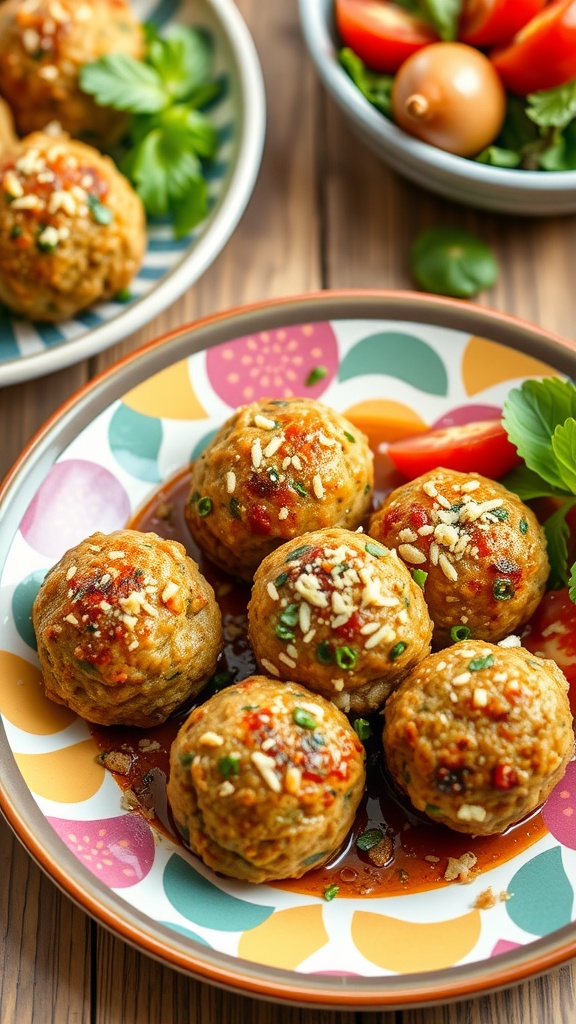 Zucchini and parmesan meatballs on a colorful plate with fresh herbs.
