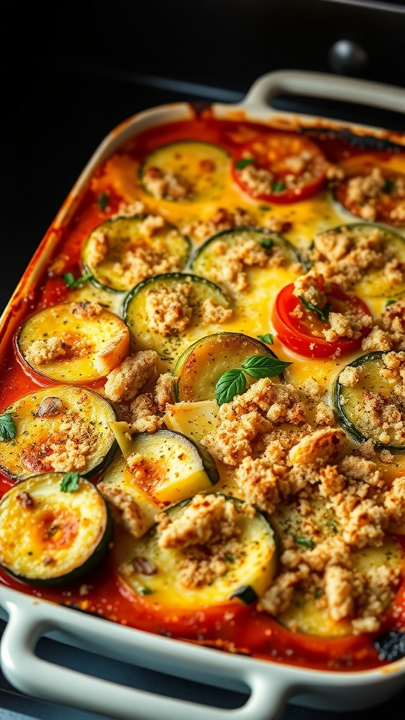 A delicious zucchini and tomato gratin baked in a dish, filled with layers of vegetables and topped with breadcrumbs and cheese.