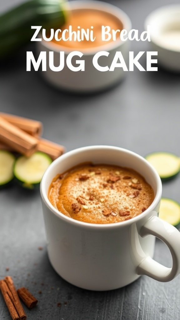 A zucchini bread keto mug cake in a white mug with zucchini slices and cinnamon sticks nearby.