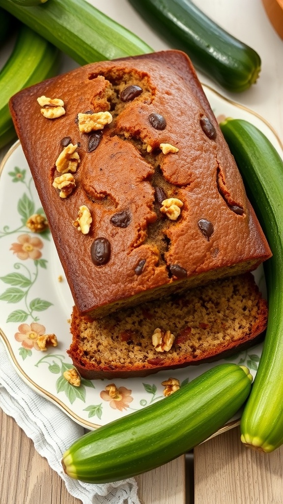 Zucchini bread with walnuts on a decorative plate surrounded by fresh zucchinis