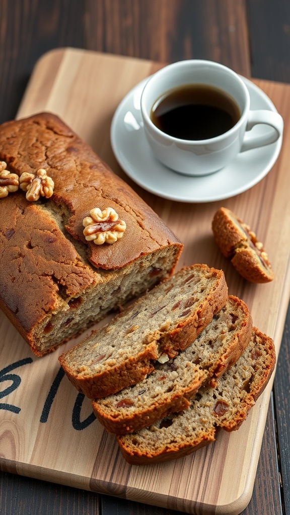 Deliciously baked zucchini bread with walnuts, sliced and served with a cup of coffee.