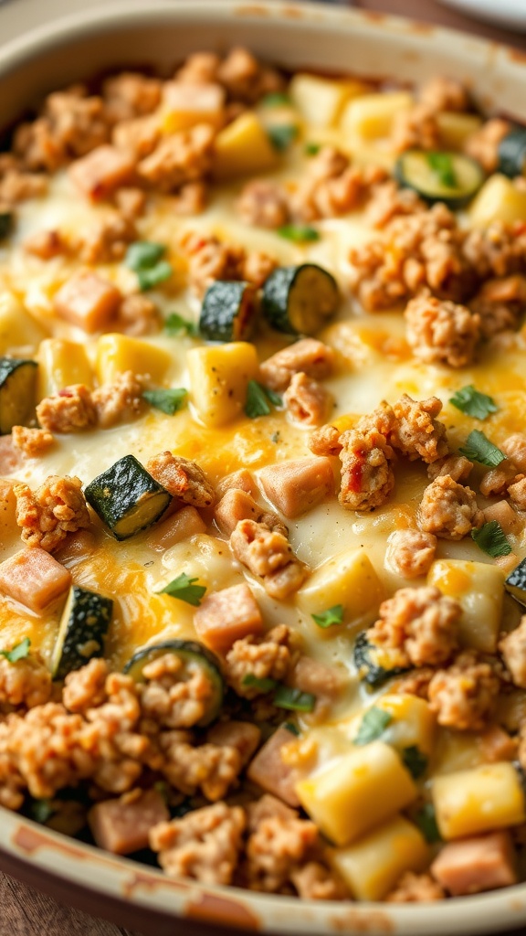 A delicious zucchini casserole with ground turkey topped with cheese and fresh herbs.