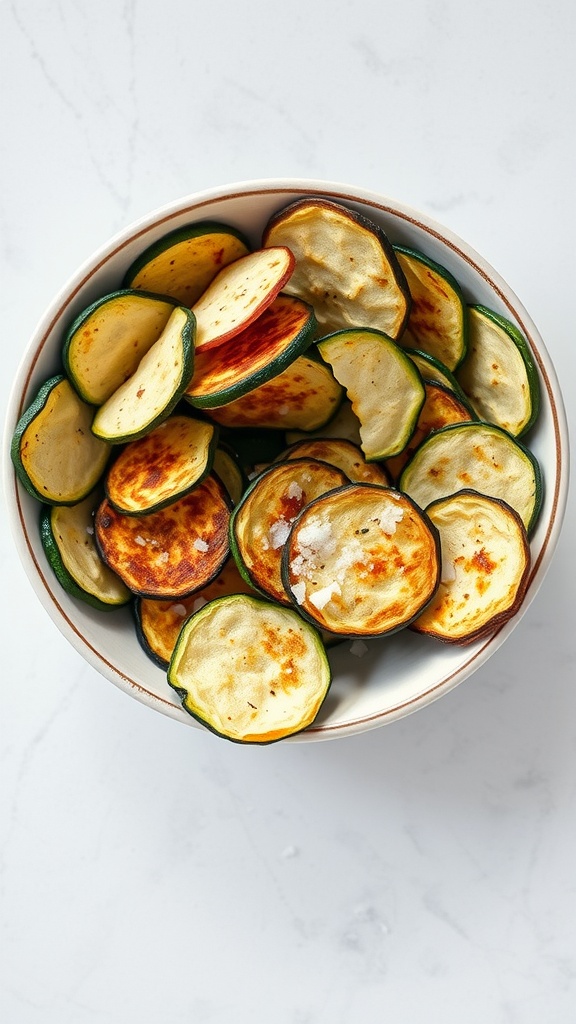A bowl of crispy zucchini chips seasoned with sea salt.