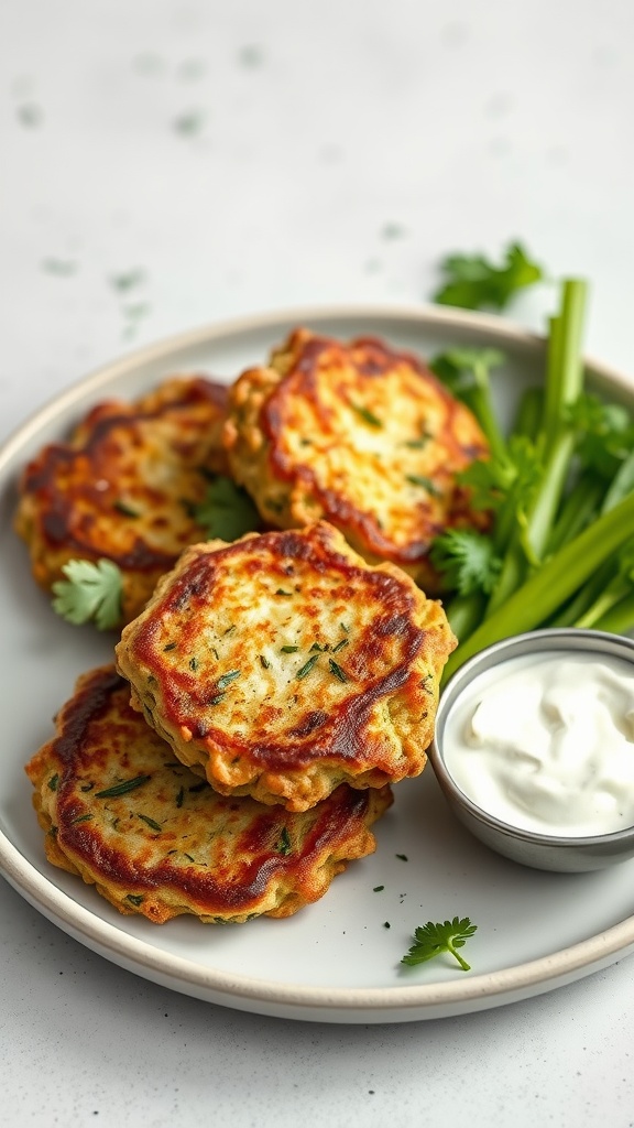 Plate of zucchini fritters served with tzatziki sauce and celery sticks