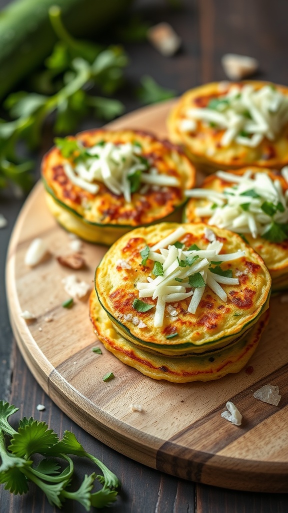 Delicious zucchini keto pancakes stacked on a wooden plate.
