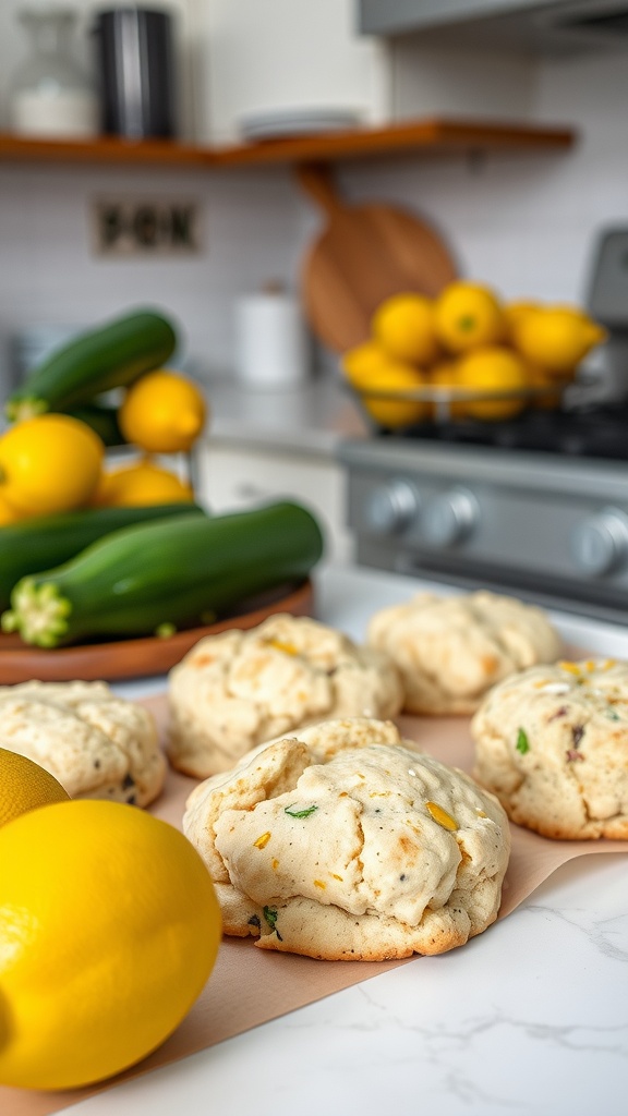 Delicious Zucchini Lemon Scones on a kitchen counter with fresh lemons and zucchini.