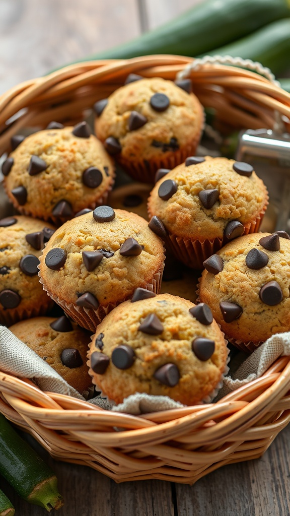 Delicious zucchini muffins topped with chocolate chips in a basket