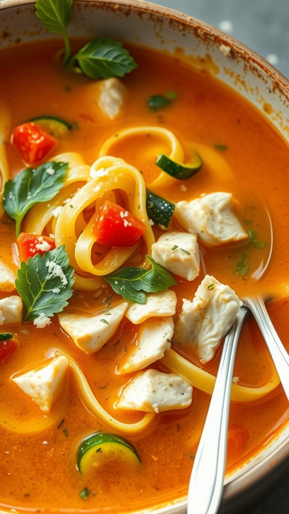 A bowl of zucchini noodle chicken soup with chicken pieces, zucchini, and vegetables.