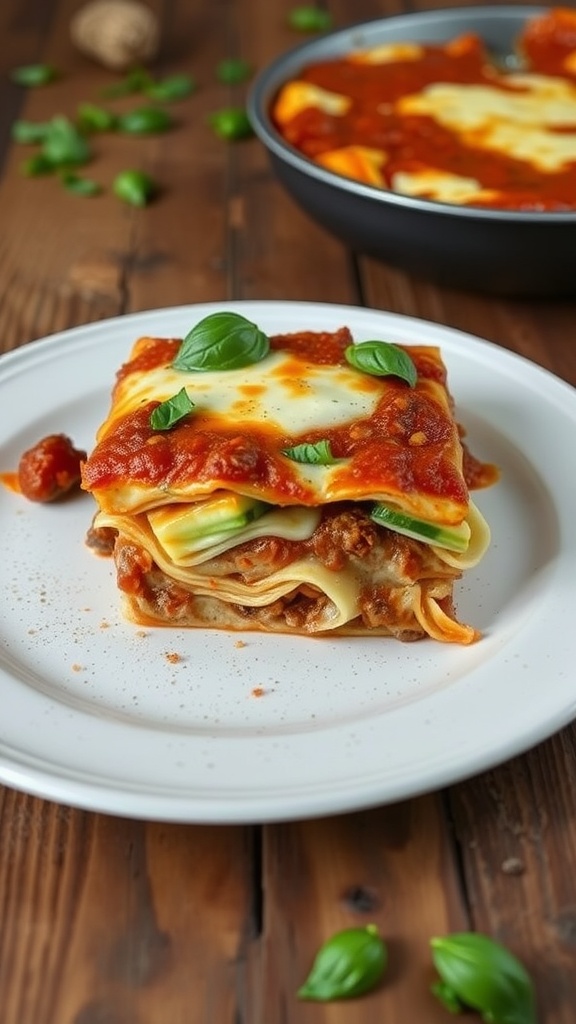 A delicious serving of keto lasagna with layers of zucchini noodles, sauce, and cheese.